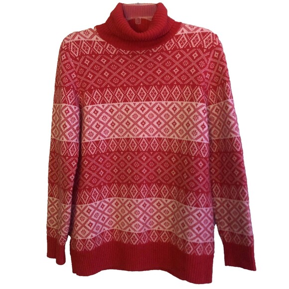 VTG Lands End Nordic Turtleneck Sweater Womens Sz M Merino Wool Blend Fair Isle - Picture 1 of 11